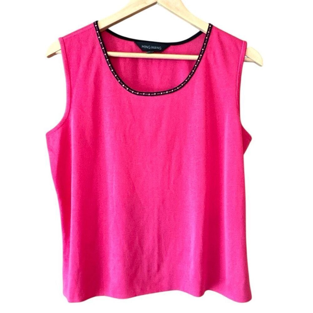 MING WANG Hot Pink Knit Tank Top Studded Neckline Side Slits